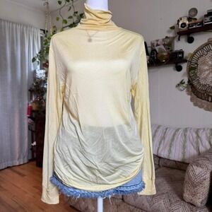 Lands End 100% Silk Turtleneck Top Pale Yellow Long Sleeve Large